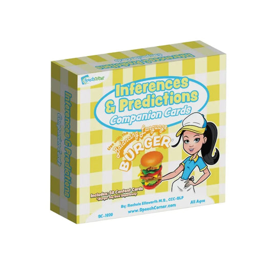 A boxed card deck titled "Inferences & Predictions Companion Cards" with a yellow-and-white checkered pattern, featuring cartoon text and an illustration of a waitress serving a burger. The product is photographed on a plain white background.