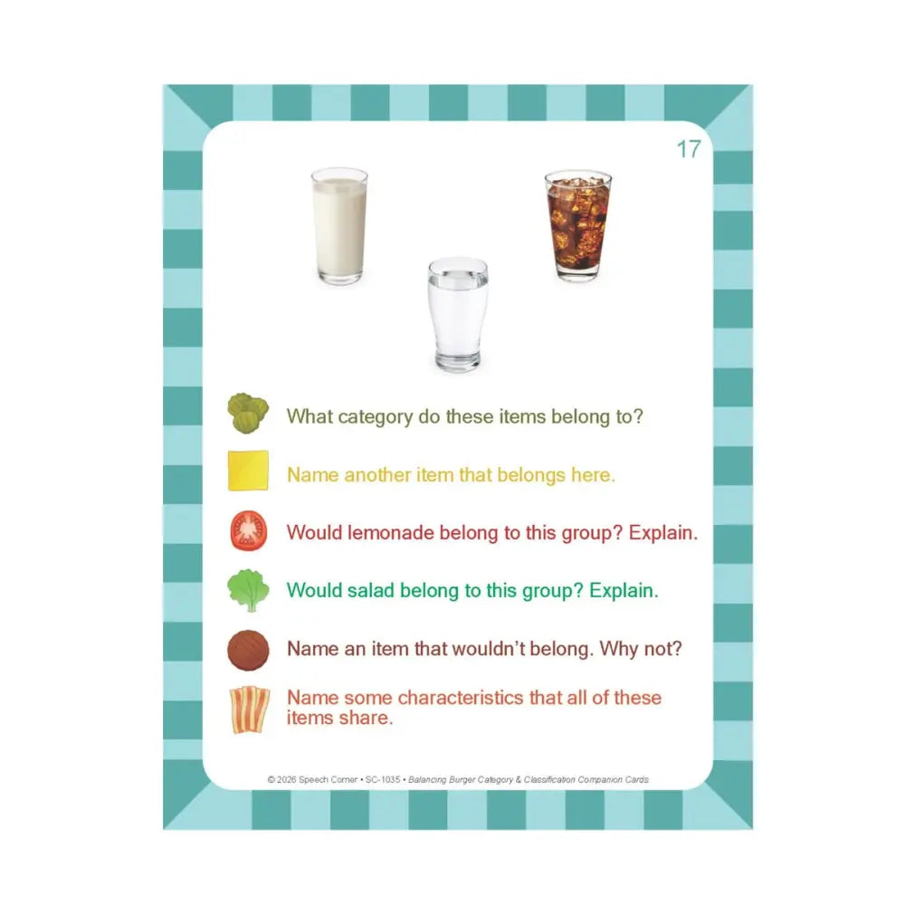 An educational classification card with a teal and white striped border, featuring three glasses of beverages and text prompts about food and drink categories.