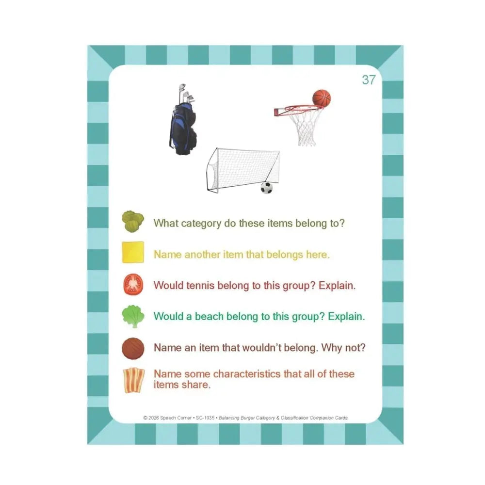 A children's educational classification card with a teal and white striped border, featuring simple illustrations of sports items and multiple-choice questions on a white background.