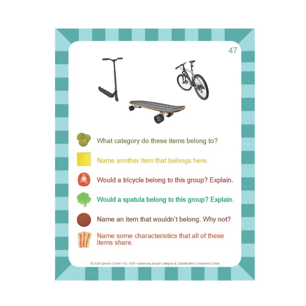 An educational matching card featuring a scooter, bicycle, and skateboard on a white background with a teal striped border. The card contains text questions about categorizing the items.