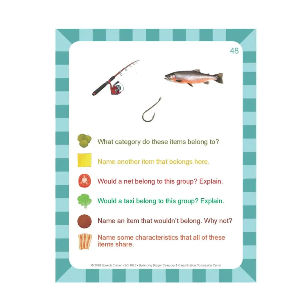 An educational fish and fishing tackle crossword card, featuring a white card with a teal and light blue striped border. The card displays illustrations of a fishing rod, a hook, and a fish, followed by clues in green, yellow, red, and brown text.