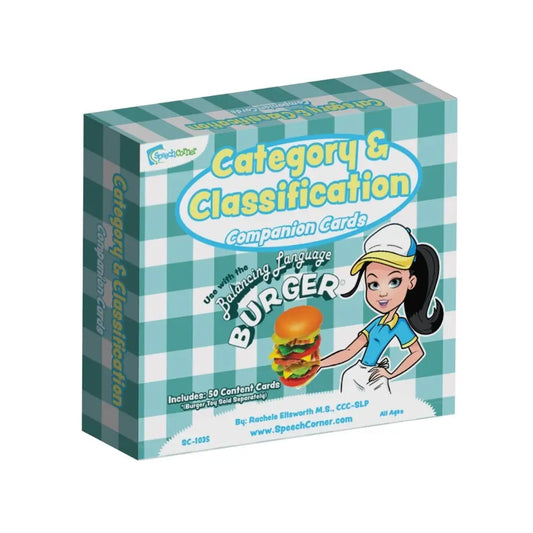 Category & Classification Companion Cards for Learning Language Through Food by SpeechCorner, featuring a green and white checkered box with cartoon graphics of a burger and waitress.