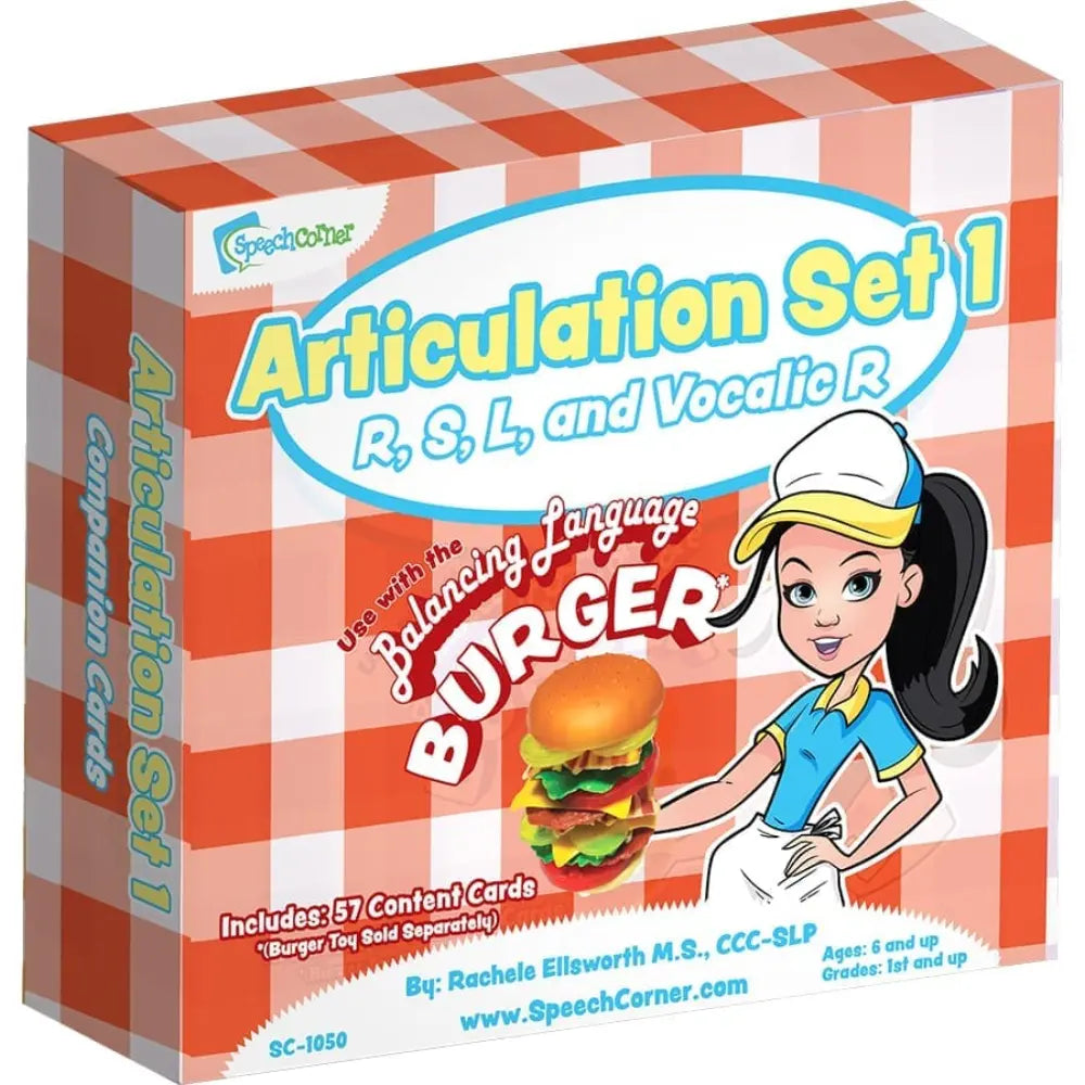Articulation Set 1 game box featuring a red and white checkered design, with the title 'Articulation Set 1' and 'Use with the Balancing Language Burger.' A cartoon girl in a blue shirt and white hat stands next to a burger illustration.