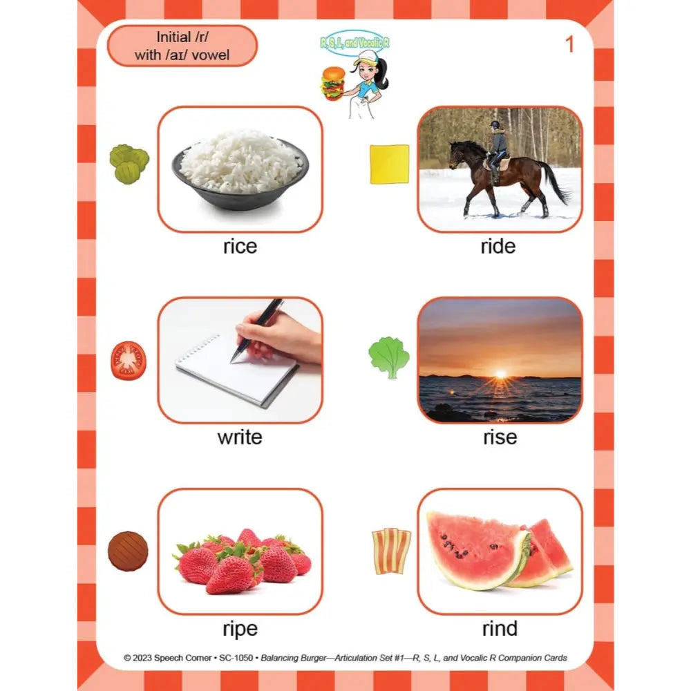 An educational phonics card from Illuminate Reading featuring the sound /ai/ with an au vowel. The card displays six word-image pairs: rice, ride, write, rise, ripe, and rind, each with a small matching color chip and illustration, set against a white background with a red and orange border.