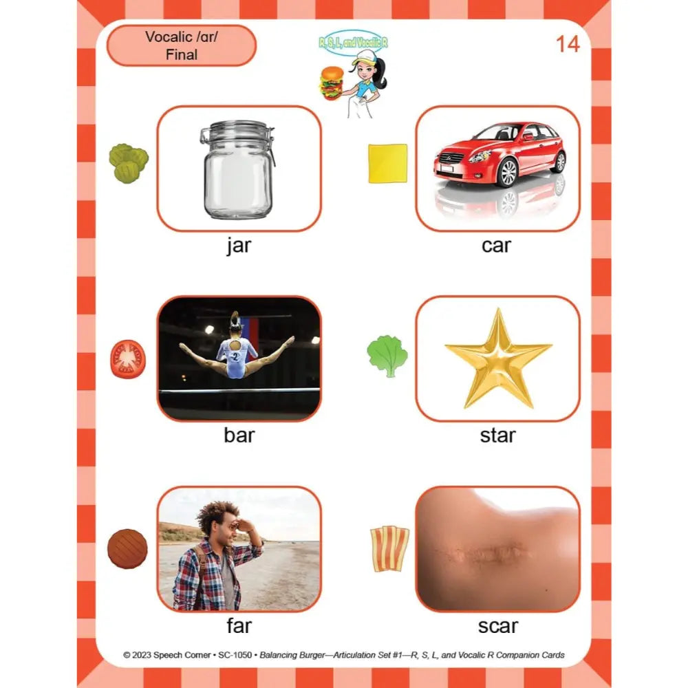 An educational Spanish learning card from Speech-Carener titled 'Vocalic /ar/ Final', featuring six word-image pairs: jar, car, bar, star, far, and scar, arranged on a white page with an orange and white striped border.