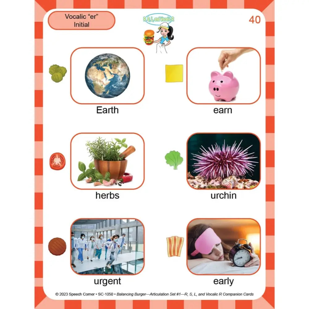 Vocational 'er' Initial balancing burger card from Speech-Care, featuring six example words and images (Earth, earn, herbs, urchin, urgent, early) with a red and white striped border.
