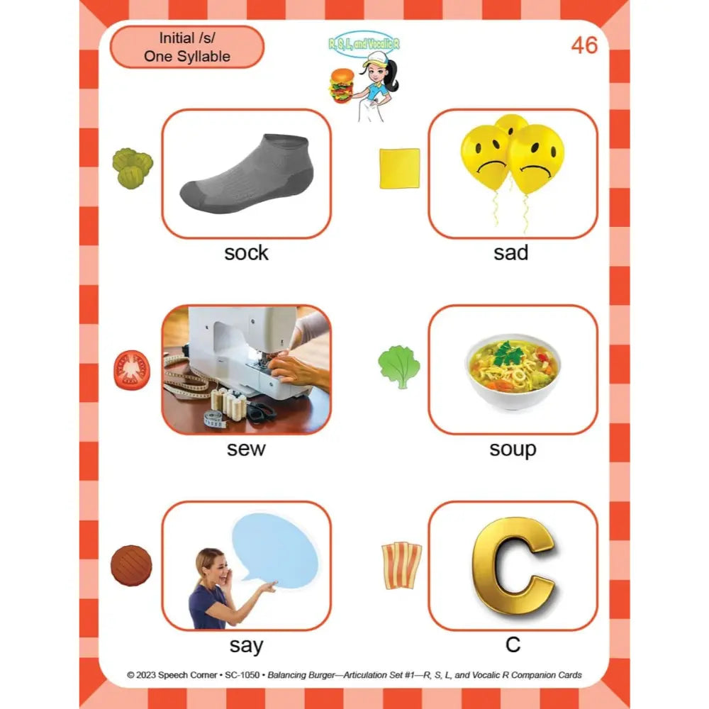 An educational phonics card from Illuminate Reading, featuring the word 'sock' with a gray sock photo, the word 'sad' with yellow sad face balloons, the word 'sew' with a sewing machine photo, the word 'soup' with a bowl of soup, and the letter 'C' with a gold 3D letter 'C' photo. The card has a red and white striped border and is set against a white background.