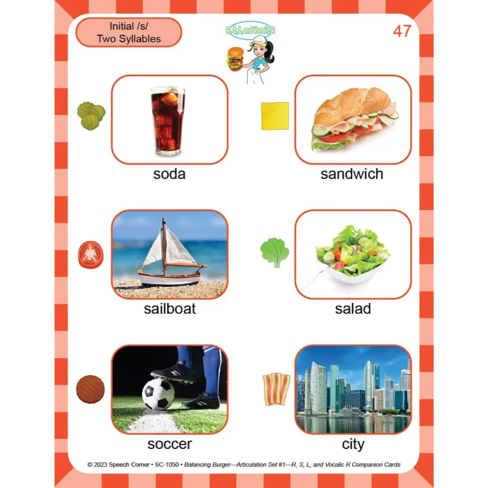 An educational Spanish learning card from 'All About Letters' titled 'Initial /s/ Two Syllables'. The card features six vocabulary images (soda, sandwich, sailboat, salad, soccer, city) with blank spaces for students to write the word and its pronunciation.