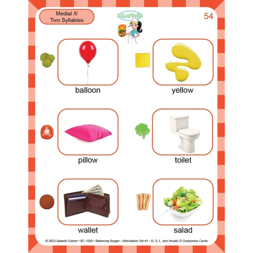 An educational spelling card from the 'Vocabulary Unleashed' series, titled 'Medial // Two Syllables', featuring six words with corresponding images: balloon, yellow, pillow, toilet, wallet, and salad. The card has a white background with a red and orange checkered border.