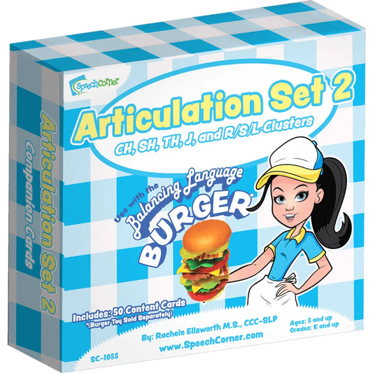 Speechers Articulation Set 2 card deck box featuring a blue and white checkered design, with 'Articulation Set 2' in large yellow text and a cartoon waitress holding a burger.