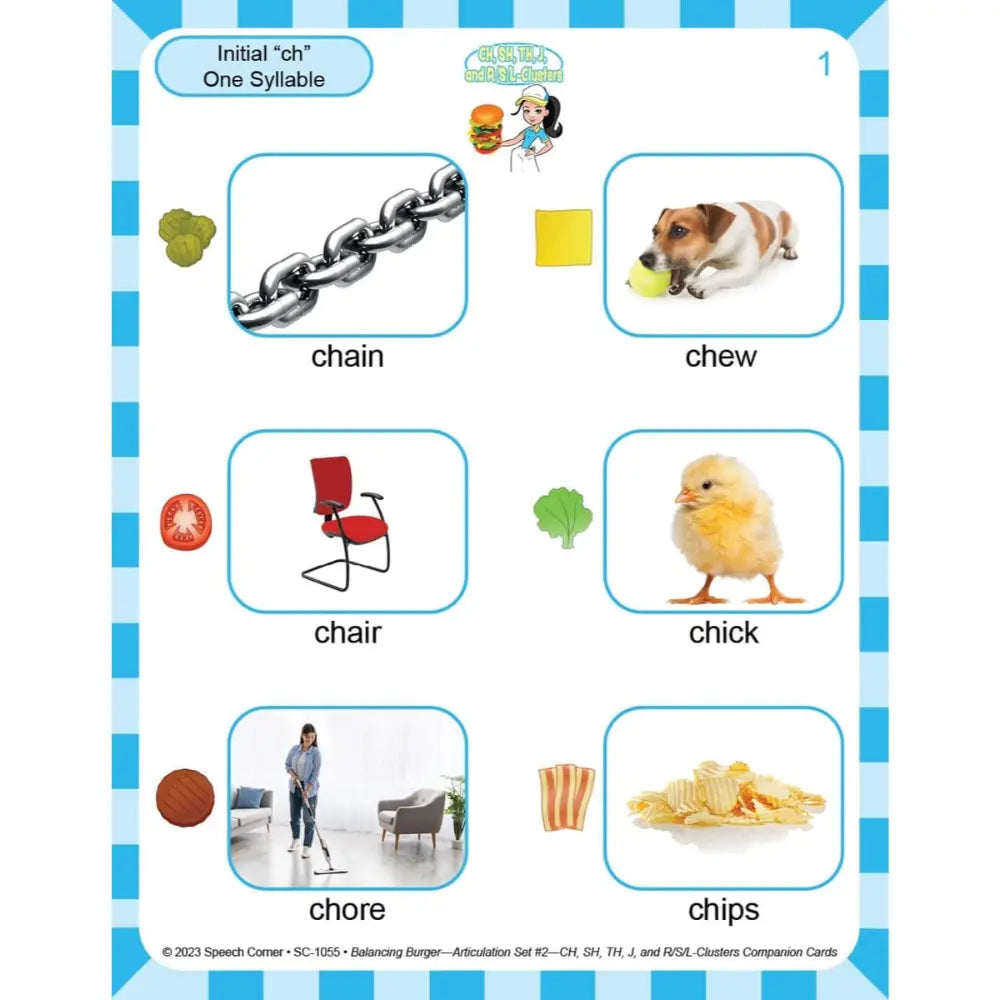 Speech Corner children's learning card titled 'Initial "ch" One Syllable' featuring six example words with pictures: chain, chew, chair, chick, chore, and chips, arranged on a blue-and-white striped card.