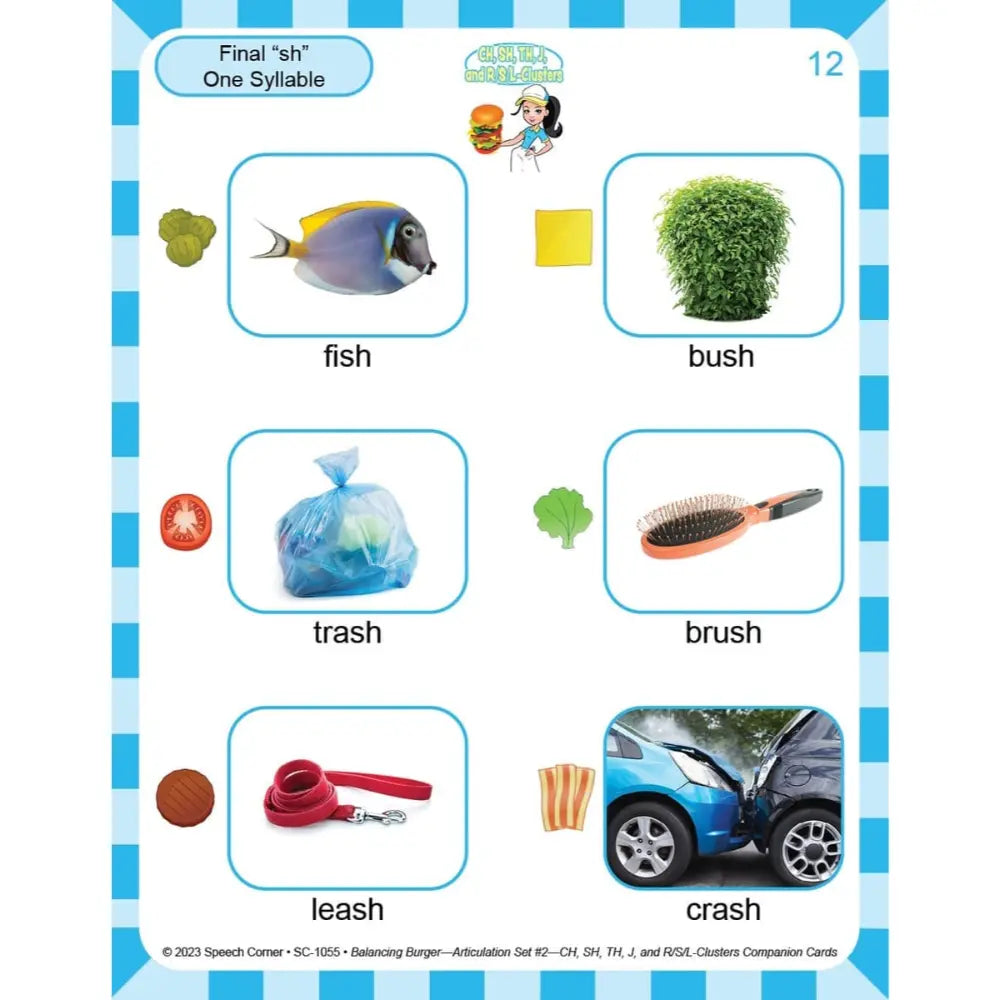 An educational spelling practice card from Speech Corner, featuring the final 'sh' sound with one-syllable words: fish, bush, trash, brush, leash, and crash. The card has a blue and white striped border, a green header, and clear rounded boxes around each word with small illustrative images above the text.