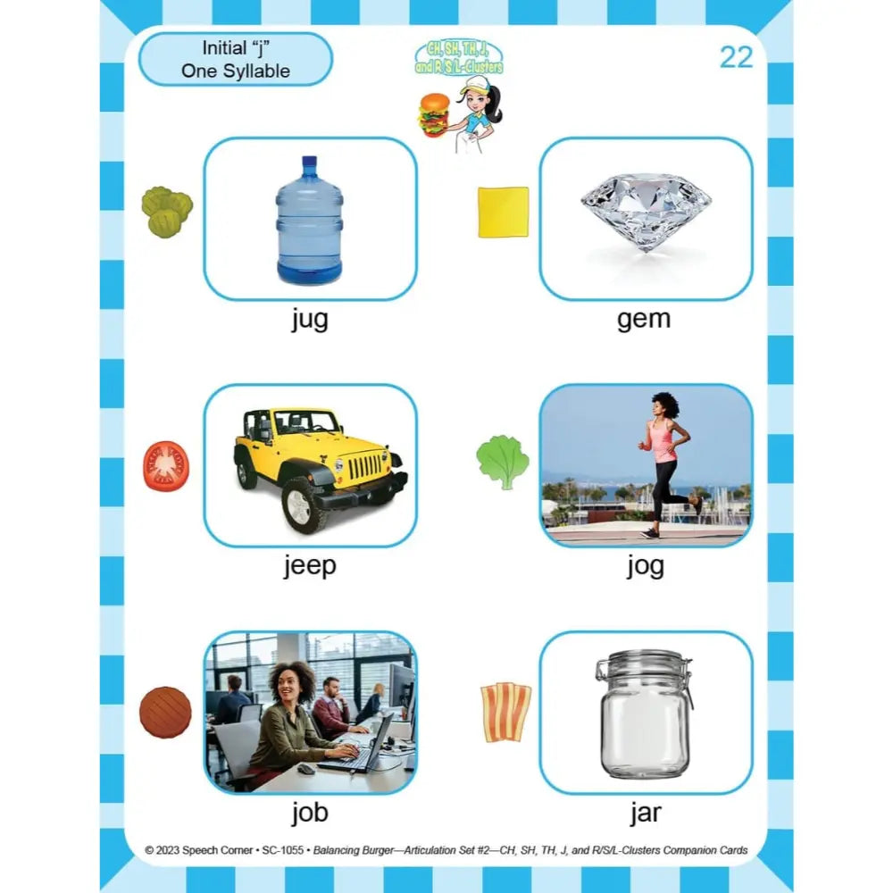 An educational spelling and phonics card for one-syllable words, featuring the initial sound 'J' with various image-based word choices like 'jug', 'gem', 'jeep', 'jog', 'job', and 'jar'.