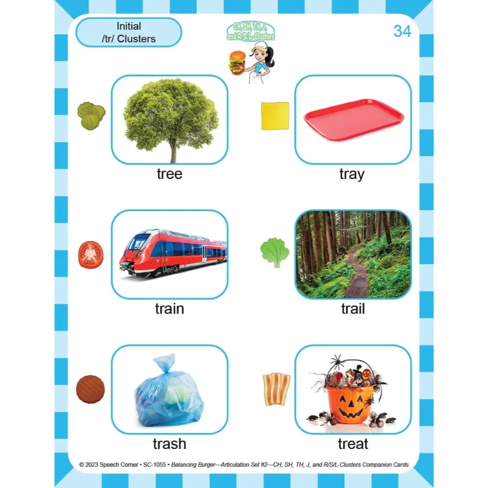 An educational matching card from Speech Corner titled '/tr/ Clusters' showing pictures and words for tree, tray, train, trail, trash, and treat on a white card with blue striped borders.