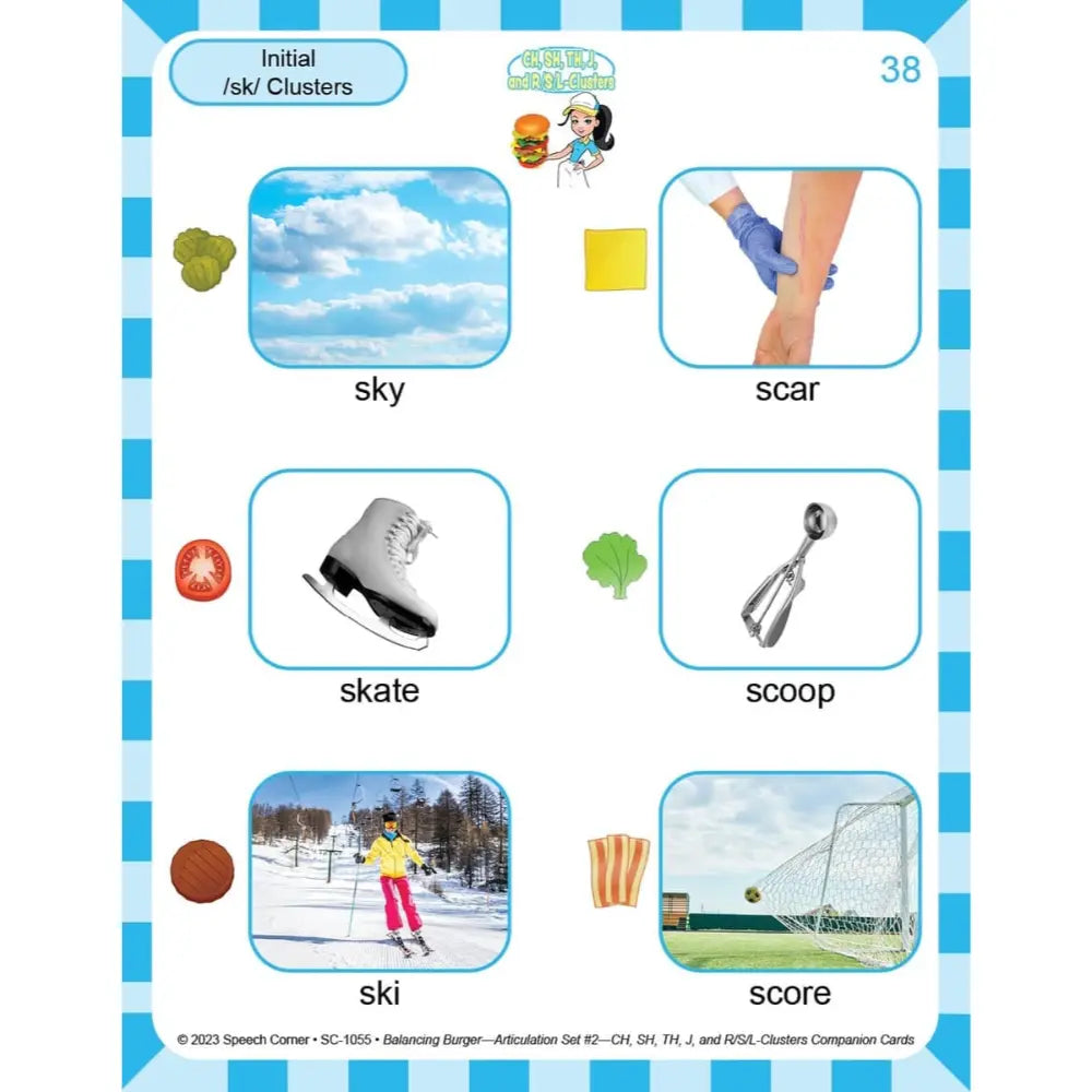 An educational speech-language therapy card from Speech Corner titled 'Initial /ski/ Clusters' showing six labeled visual examples: sky, scar, skate, scoop, ski, and score, arranged in a blue-bordered worksheet layout.
