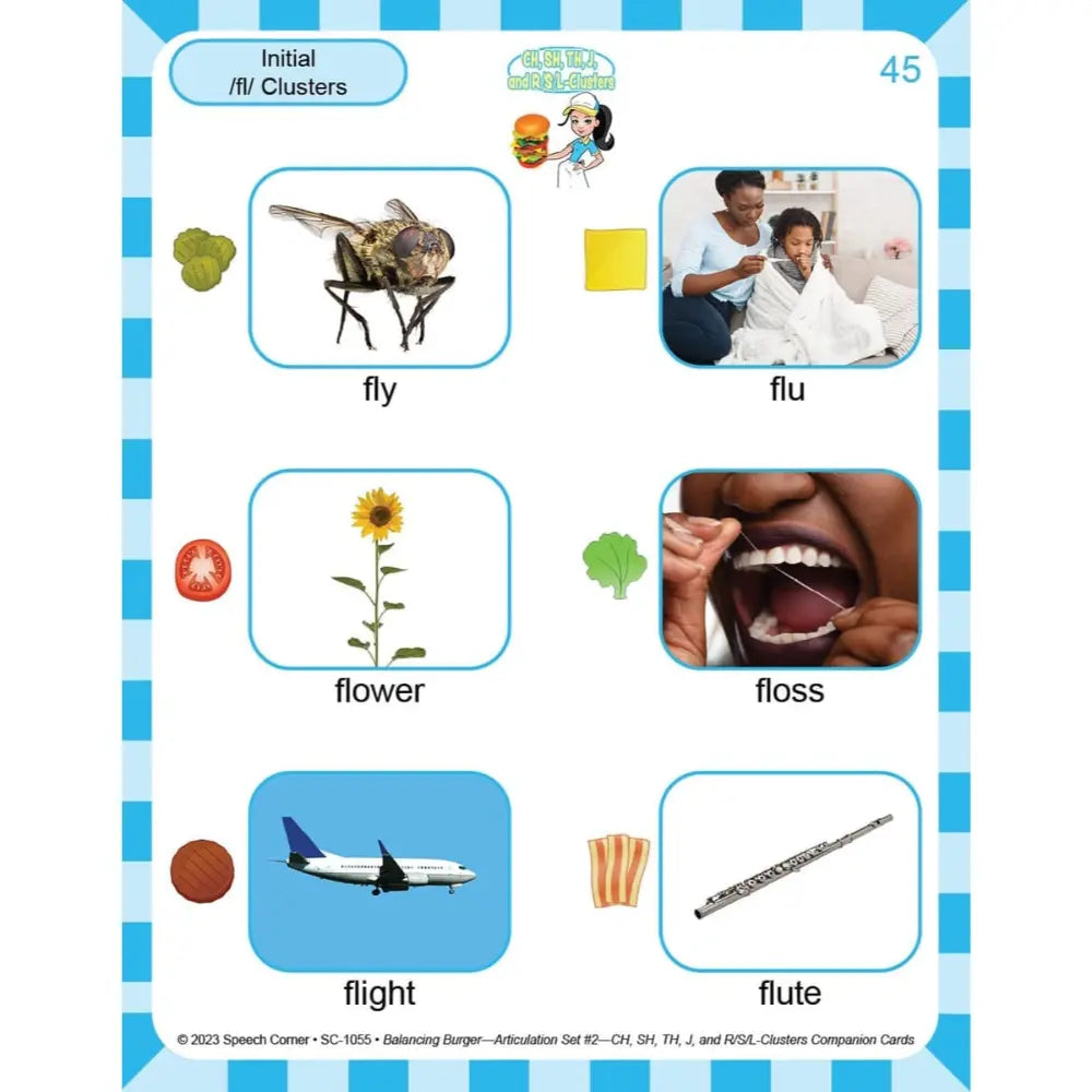 An educational speech therapy card titled 'Initial /I/ Clusters' featuring the word 'fly' with a picture of a bird, accompanied by other words and images including 'flu', 'flower', 'floss', 'flight', and 'flute'.