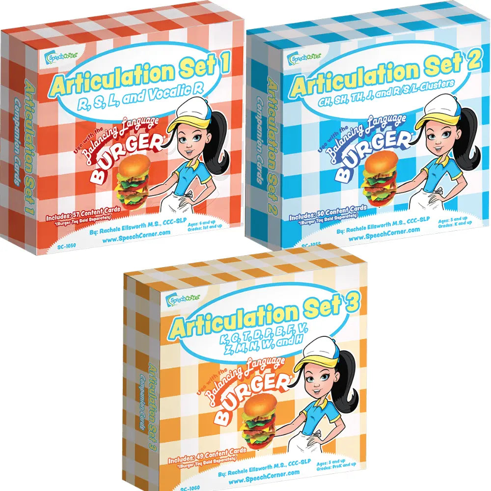 Three boxed educational speech therapy products shown on a plain white background: Articulation Set 1 with an orange-and-white checkerboard box, Articulation Set 2 with a blue-and-white checkerboard box, and Articulation Set 3 with a yellow-and-white checkerboard box. Each box features cartoon characters and burger graphics.