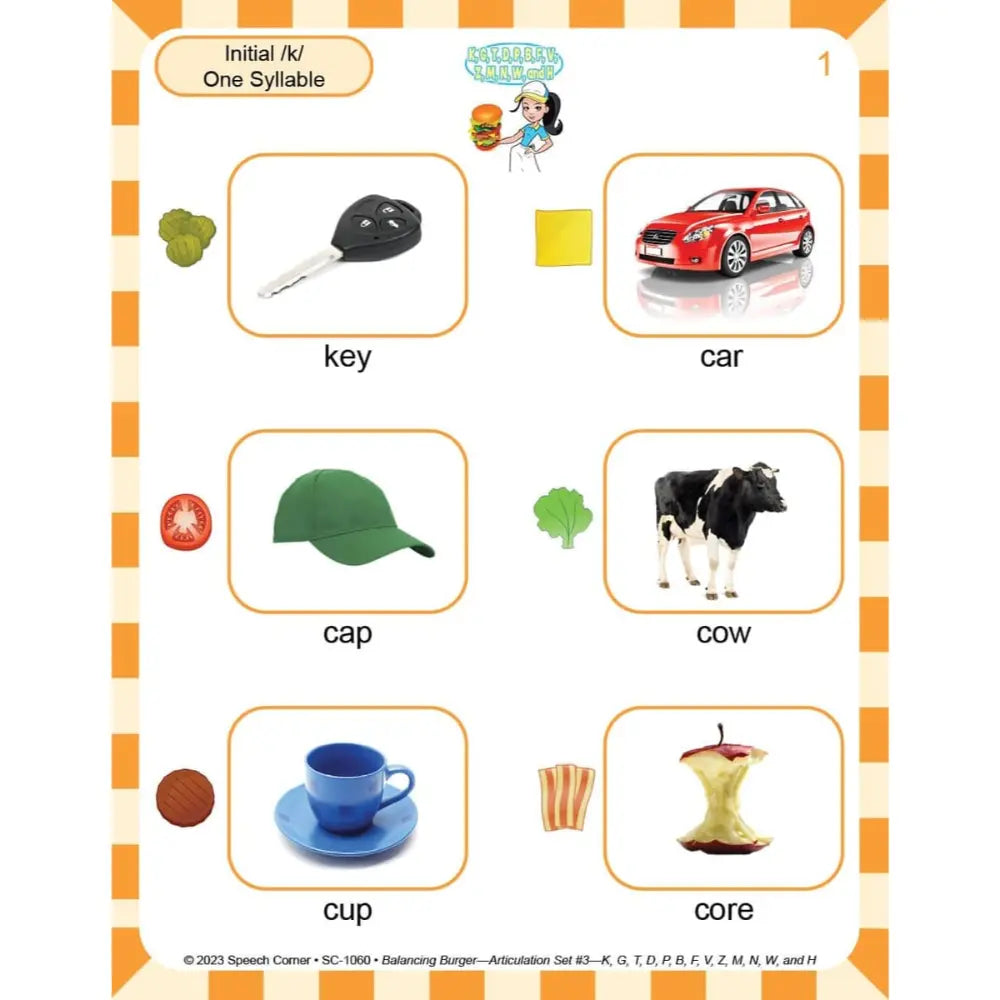 An educational spelling and phonics worksheet titled 'Initial /k/ One Syllable' featuring six labeled images: key, car, cap, cow, cup, and core, arranged in a grid with a decorative striped border.