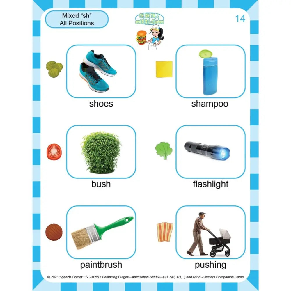A colorful educational speech therapy card titled 'Mixed "sh" All Positions' featuring various words and images starting with the sound 'sh', including shoes, shampoo, bush, flashlight, paintbrush, and pushing. The card has a blue and white striped border and is branded by Speech Corner.