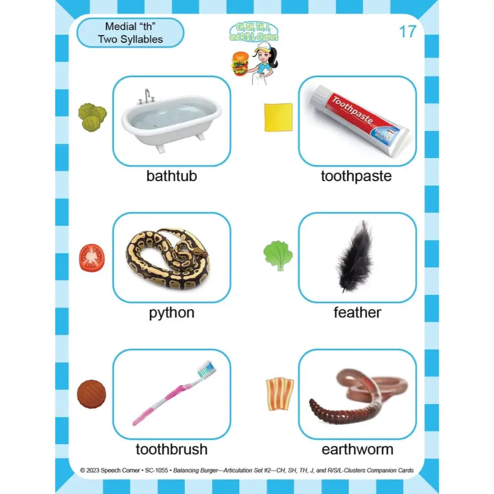 An educational speech therapy card for medial 'th' two-syllable words, featuring six labeled images: bathtub, toothpaste, python, feather, toothbrush, and earthworm. The card has a blue and white striped border, colorful illustrations, and text labels on a white background.