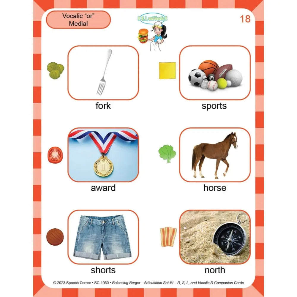 A printed educational card titled 'Vocalic "or" Medial' with the number 18, showing multiple labeled image pairs such as broccoli and fork, sports items, an award medal, a horse, denim shorts, and a compass. The card has a red-and-white striped border and appears to be a worksheet or learning aid rather than a physical retail product photo.