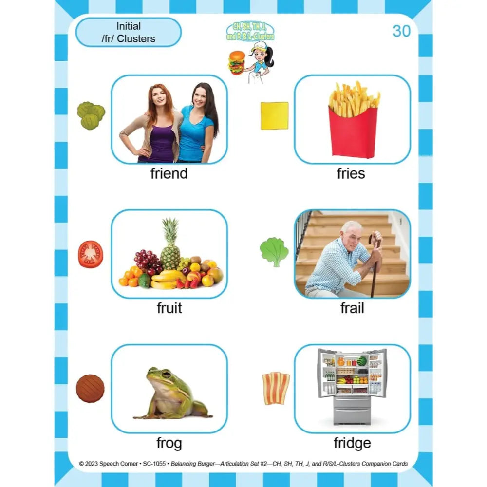 An educational card from Speech Corner titled '/fr Clusters' featuring words like 'friend', 'fries', 'fruit', 'frail', 'frog', and 'fridge' with corresponding pictures, on a white background with blue borders.