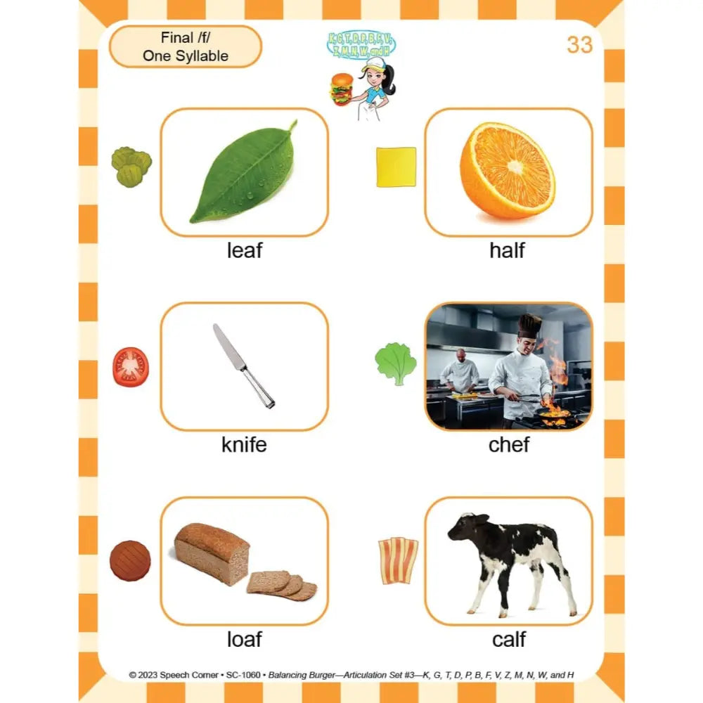 An educational worksheet page titled 'Final /f/ One Syllable' with six labeled image boxes: leaf, half, knife, chef, loaf, and calf, arranged on a white page with orange border accents.