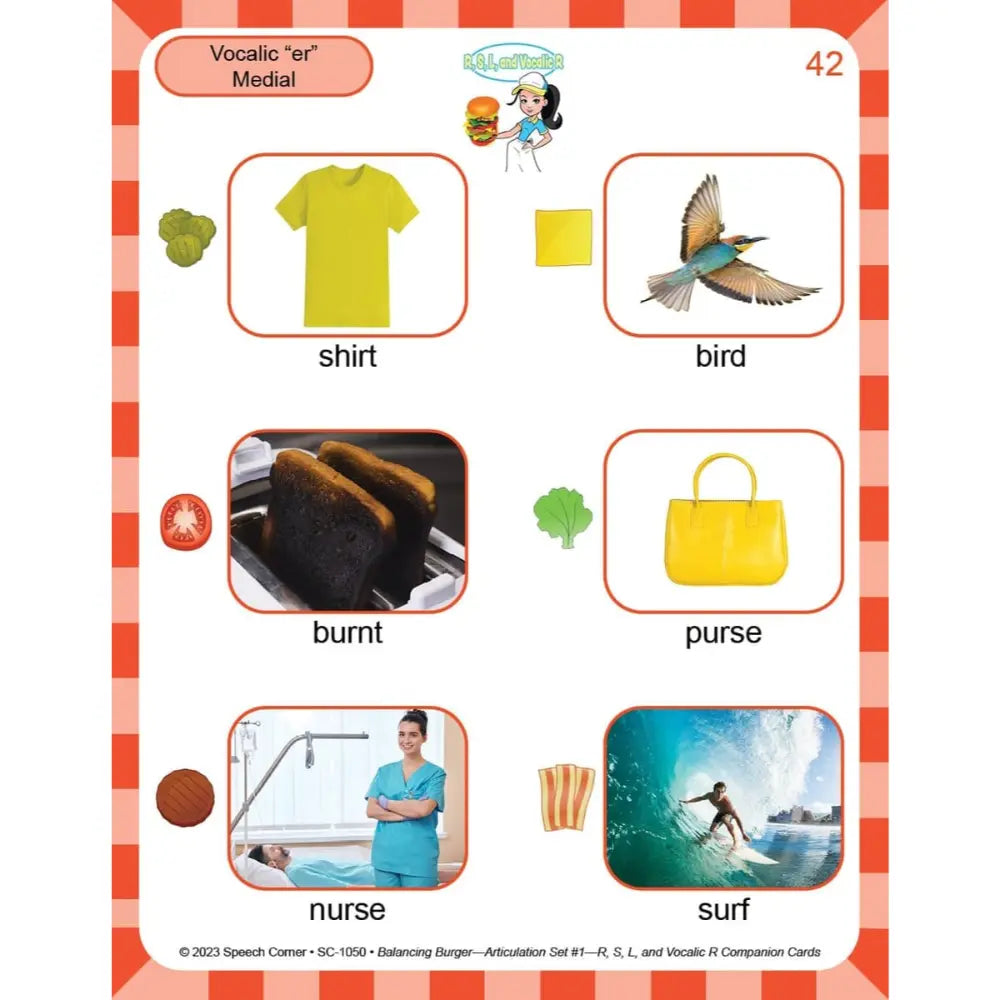 An educational phonics card from Speech-Care titled 'Vocalic "er" Medial', featuring the word 'medial' represented by six labeled images: a yellow shirt, a bird, a yellow bag, burnt toast, a green vegetable, a brown cookie, a nurse, and a surfer. The card has a red and white striped border and is photographed flat against a white background.