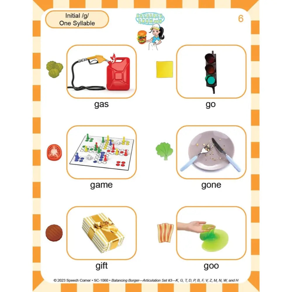 An educational phonics worksheet page from Natural Words Learning featuring one-syllable words. The page has a white background with an orange and white striped border, titled 'Initial g/ g' and 'One Syllable'.