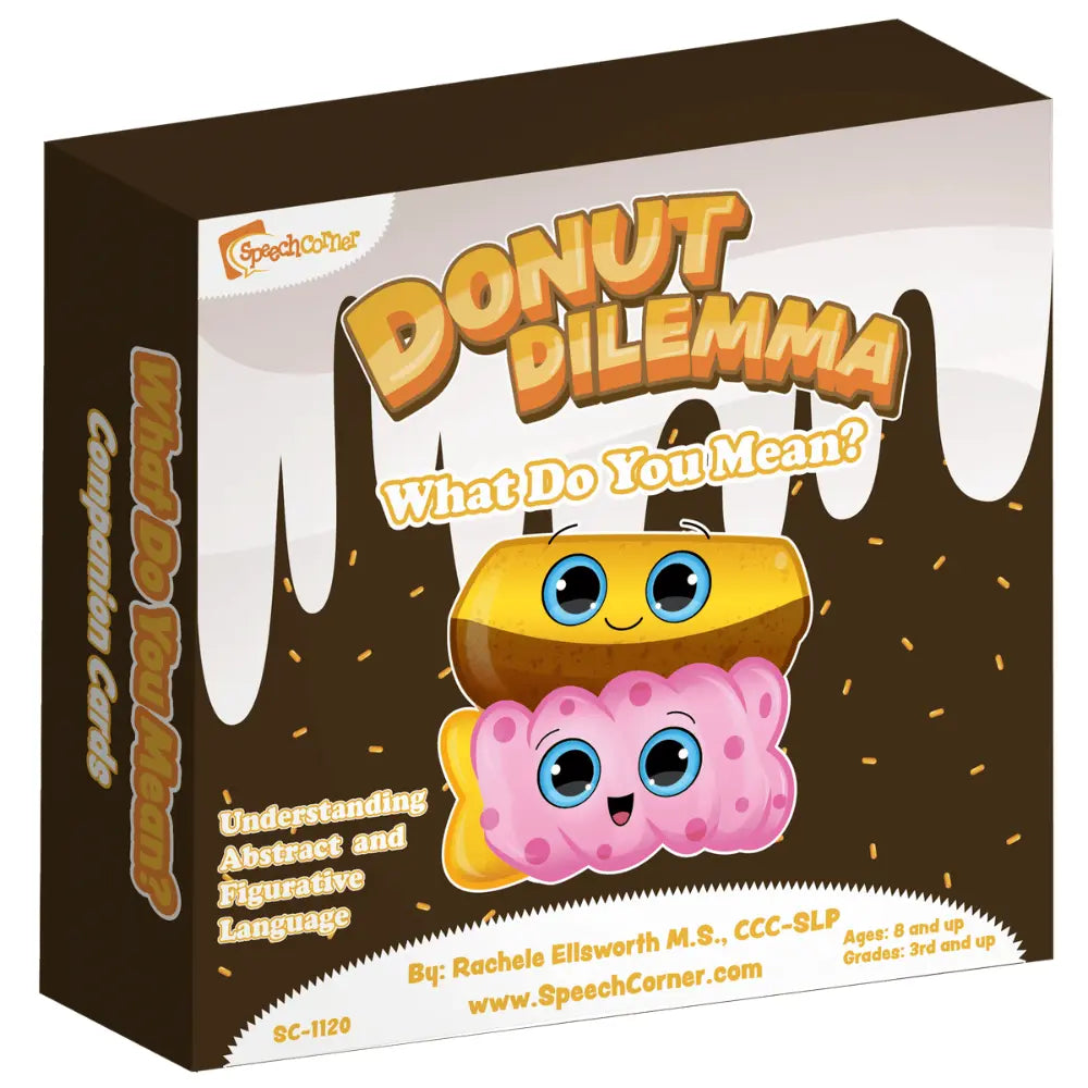 The product is a boxed card game called 'Donut Dilemma: What Do You Mean?' by Speech Corner. The box is dark brown with white dripping chocolate graphics, featuring cartoon donut and donut-ice character illustrations.