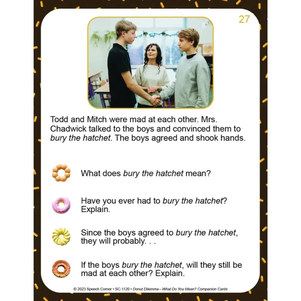 A printed card or comic-style page with a photo of three young people standing outdoors, followed by a short story and several multiple-choice questions with donut icons. 