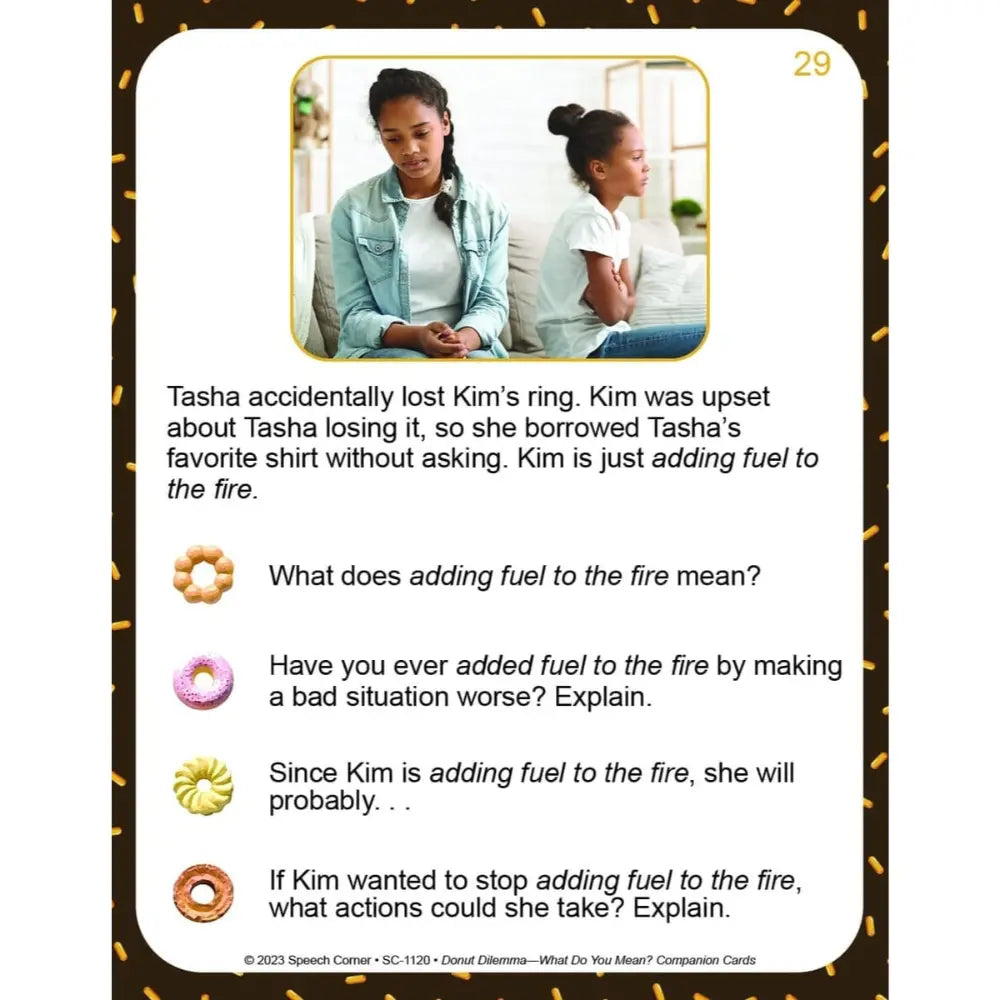 A printed card or worksheet with a photo of two girls sitting apart on a couch, plus text about borrowing a shirt and the phrase 'adding fuel to the fire.' It includes multiple-choice questions and small donut icons next to each question.
