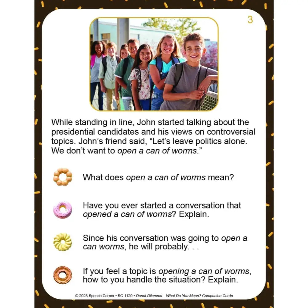 A printed card with a photo of a group of young people at the top and a short text passage below, followed by four multiple-choice questions with donut-shaped icons. The page is centered on a white background with a dark decorative border.