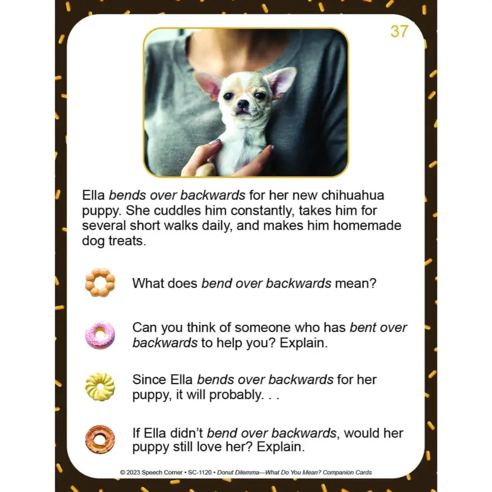 A comprehension card titled '37' featuring a photo of a person holding a small chihuahua dog, with a short story about Ella and her puppy, followed by four multiple-choice questions with donut-shaped icons.