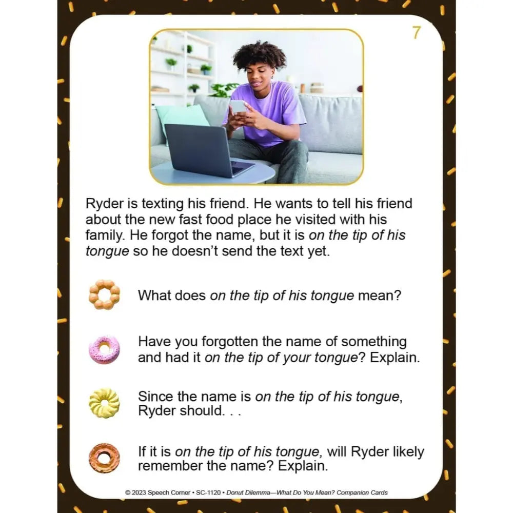 A speech therapy comparison card featuring a scenario where a man texts his friend about a new fast food place. The card includes a small photo of the man on a couch, four multiple-choice questions with donut icons, and a dark brown border with gold speckles.
