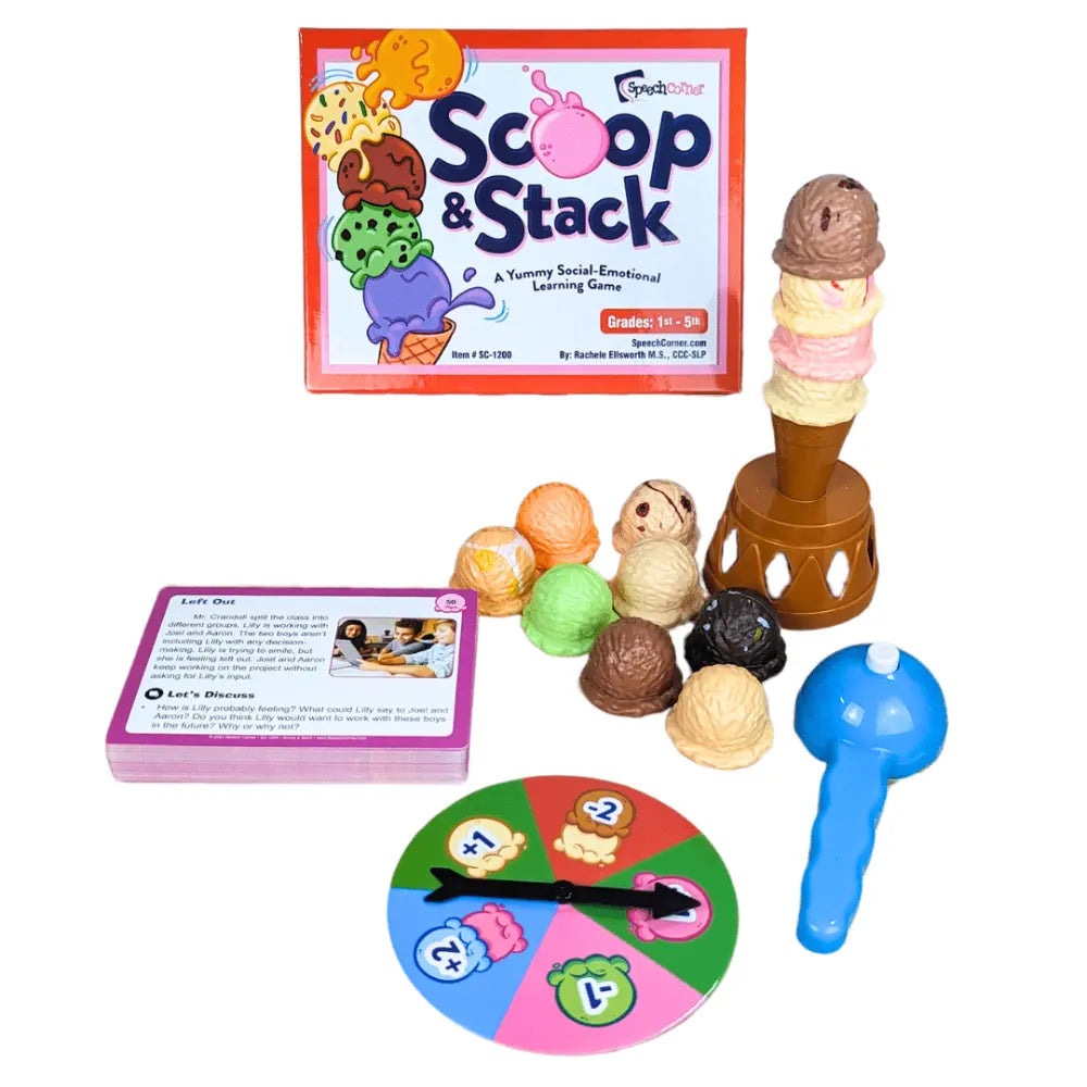 Speech Corner Star Scoop & Stack learning game set with a colourful instruction box, toy ice cream cones, a blue toy scoop, a round spinner board, and cards on a plain white background.