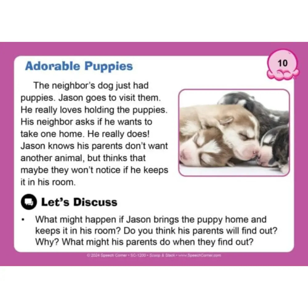 An educational game card 'Adorable Puppies' with a purple border, a text paragraph about a boy visiting a neighbour's puppies, a small photo of sleeping puppies, and a 'Let's Discuss' question at the bottom.
