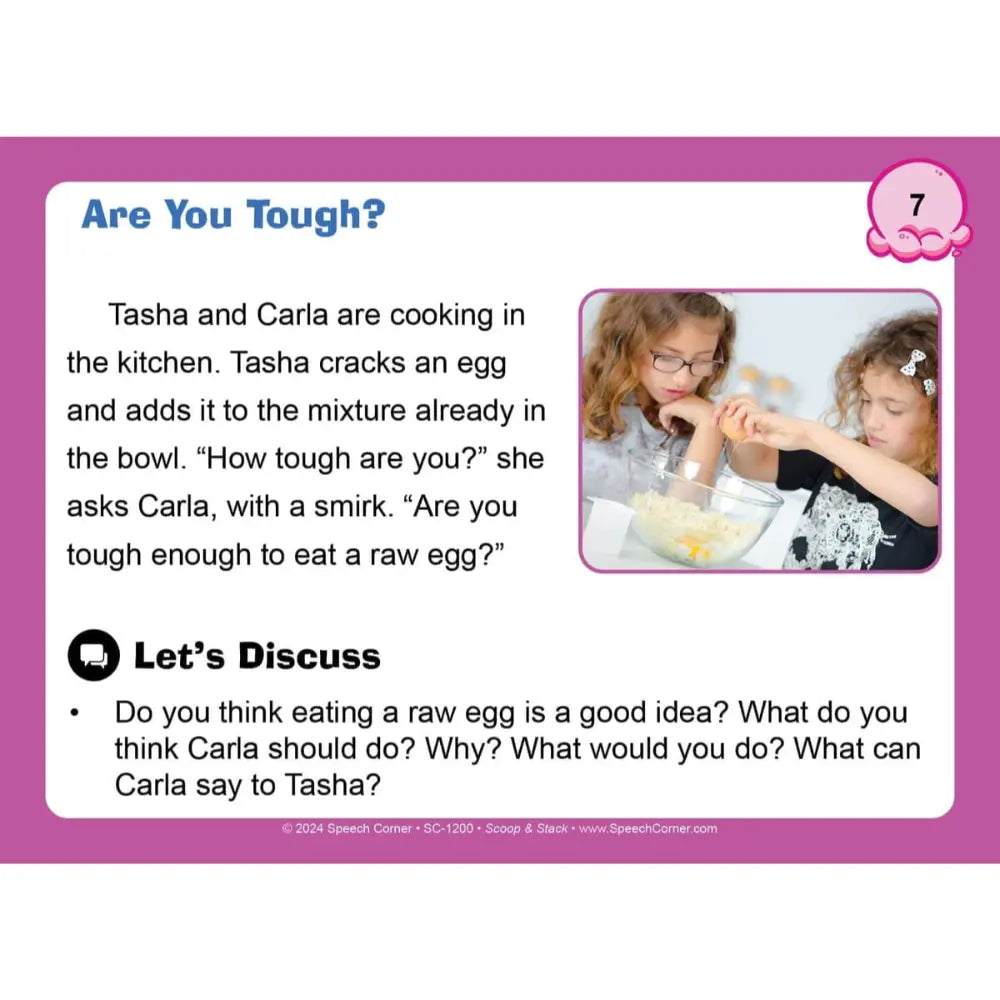 An educational speech therapy game card titled 'Are You Tough?' with a purple border, text prompts, and a small inset photo of two children mixing ingredients in a bowl.