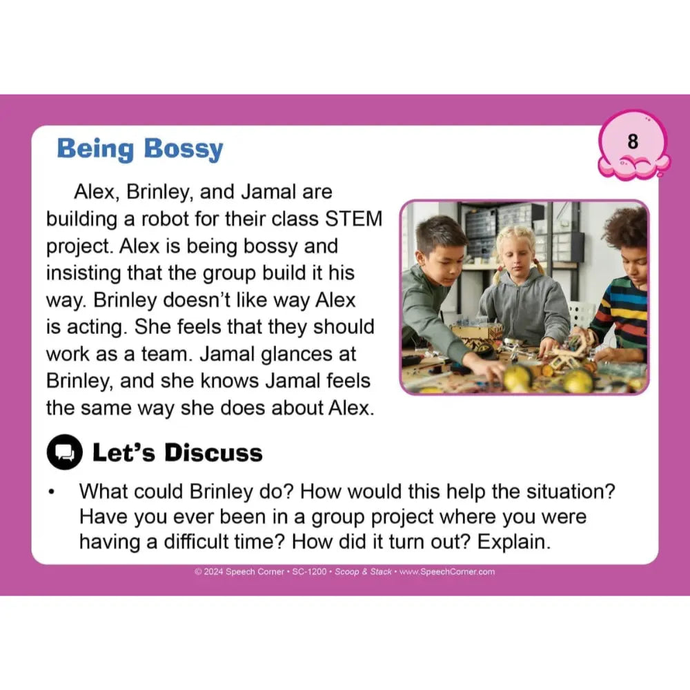 A language game card titled 'Being Bossy' with a purple border. It features a text-based discussion about a class STEM project, accompanied by a small color photo of a father and child working on a robot.