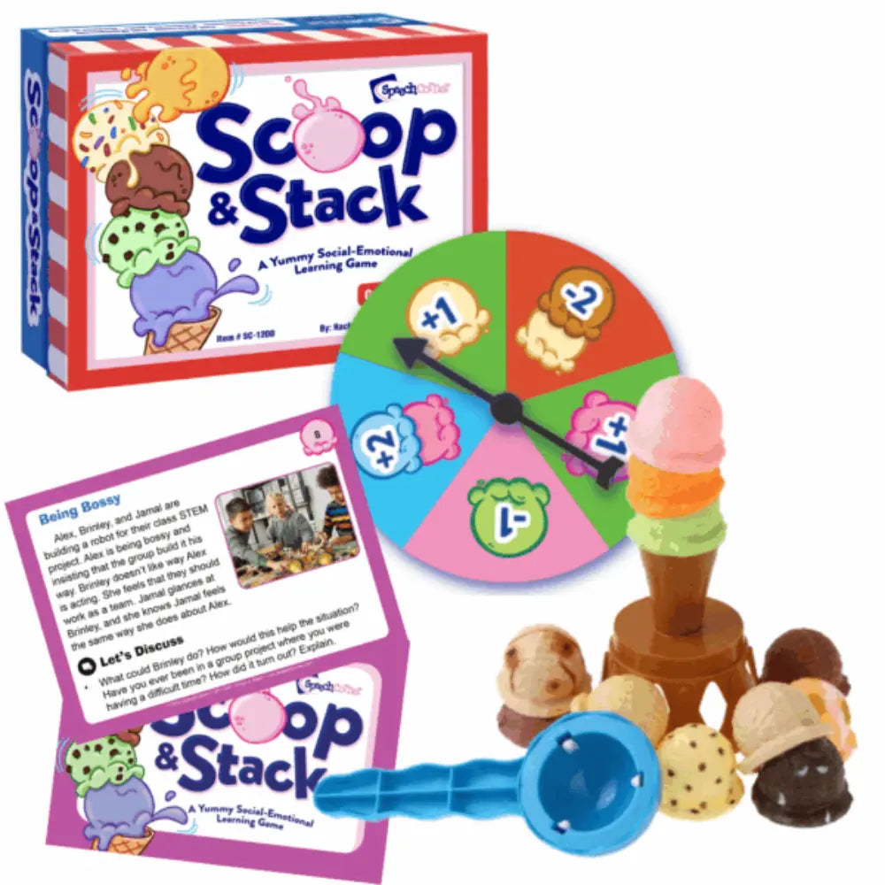 Scoop & Stack learning game set with a colourful game box, a multicolour spinner wheel, a blue scoop tool, and toy ice cream cones and sunda cups on a white background.