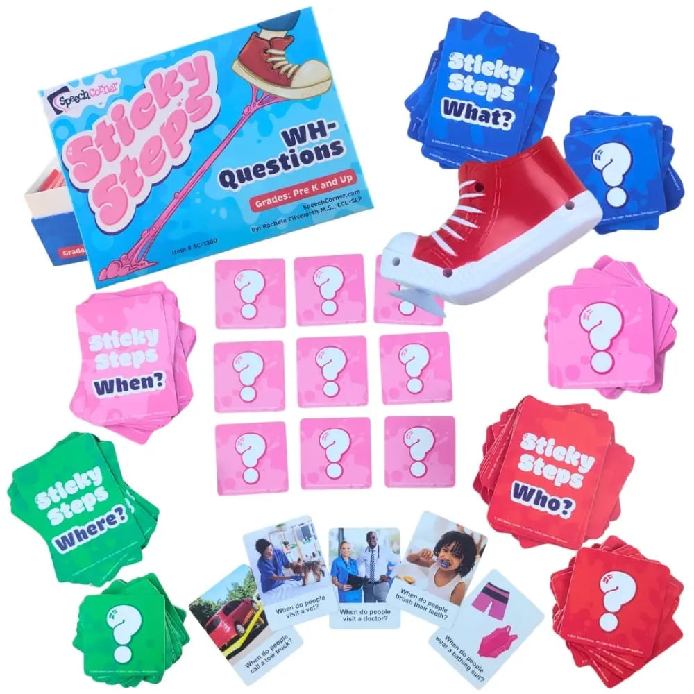 Sticky Steps board game set with a blue game box, red and blue question cards, pink choice cards, green location cards, and small activity cards arranged on a white background.