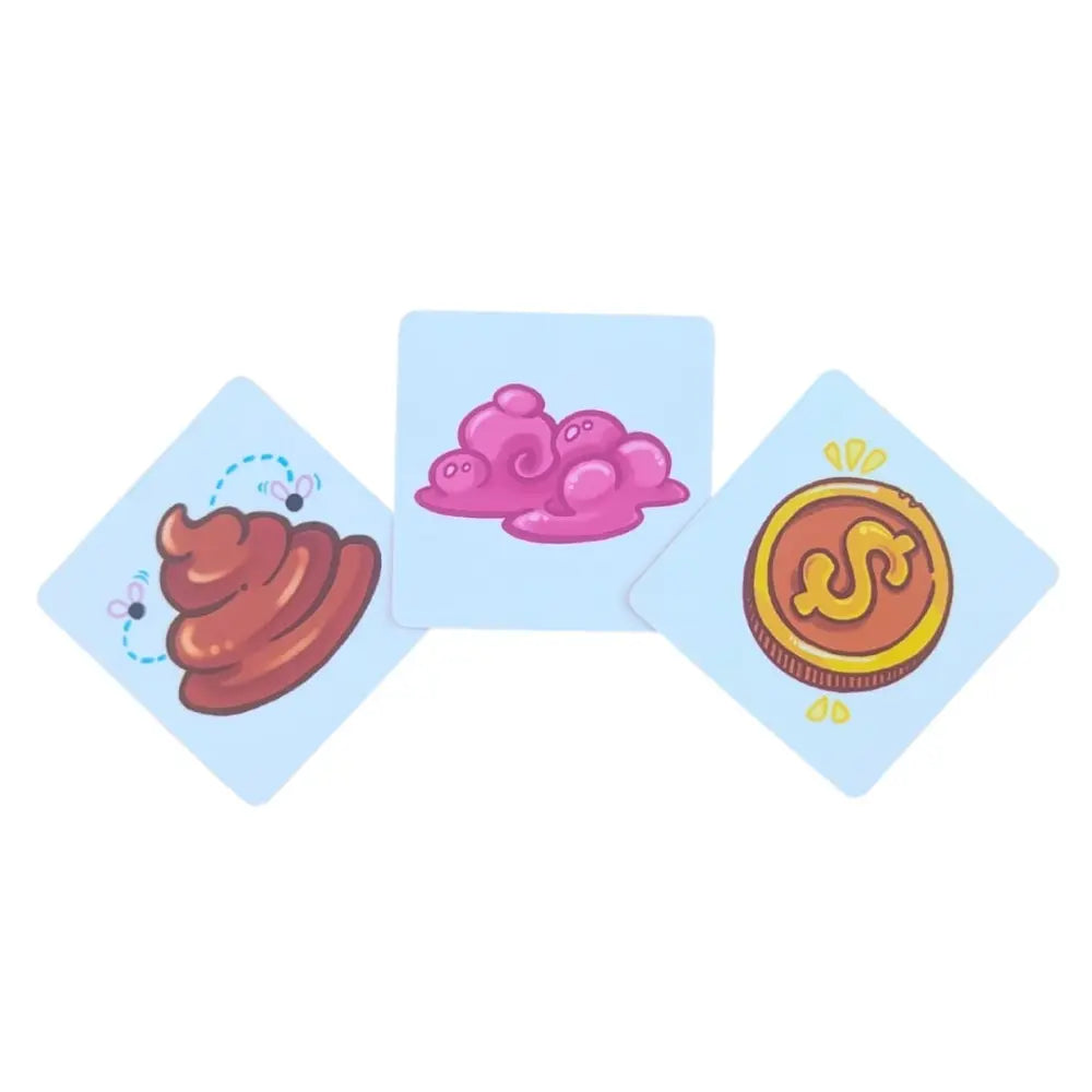 Three square cards with rounded corners fanned out on a white background, each showing a cartoon poop emoji, a pink blob, and a gold coin with a dollar sign.