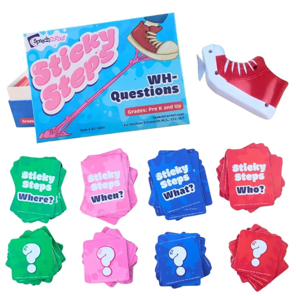 Sticky Steps Wh-Questions educational toy set by Speech Corner, featuring a blue box, a red shoe-shaped magnetic piece, and multiple colored sticky step cards with question marks.