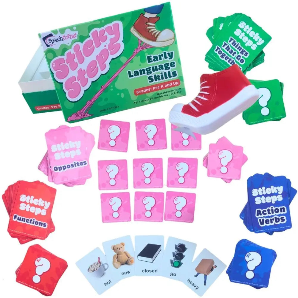 Sticky Steps Early Language Skills educational game set, featuring a green and pink box, red, pink, green, blue, and white fabric cards and tokens arranged on a white background.