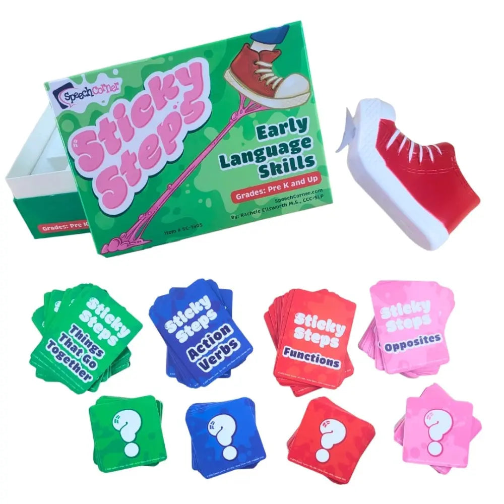 Speech Therapy Sticky Steps Early Language Skills game set, featuring a green box, a red and white shoe-shaped token, and multiple colored square and star-shaped tokens with white question marks and text.