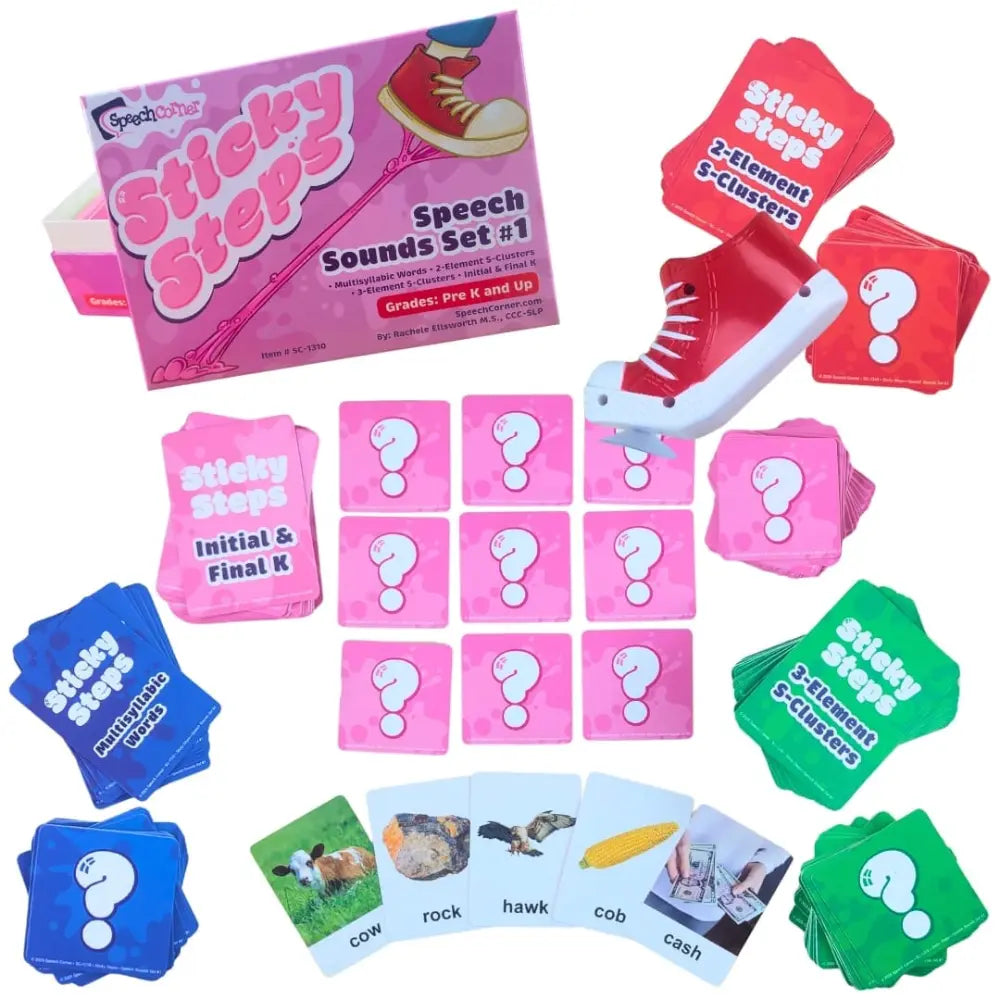 Speech Sounds Set 1 'Sticky Steps' educational game kit by Speechster, featuring a pink box, red, pink, blue, and green sticky step cards, white shoe-shaped dice, and picture cards on a white background.