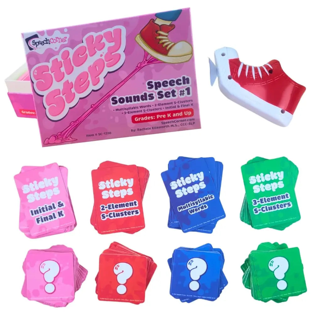 Speech Sounds Set #1 'Sticky Steps' card game, showing the pink retail box, a red-and-white shoe-shaped sound activator, and multiple colored sticky step cards for different phoneme drills.