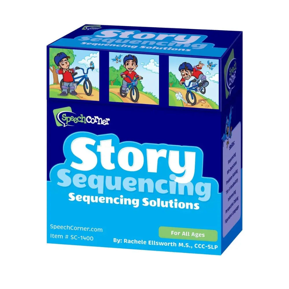 A boxed educational product titled "Story Sequencing" by SpeechCorner, shown on a plain white background. The box is predominantly dark blue with a large light blue title panel, small cartoon bike-sequence illustrations, and text including "For All Ages" and "By: Rachelle Ellsworth M.S., CCC-SLP"