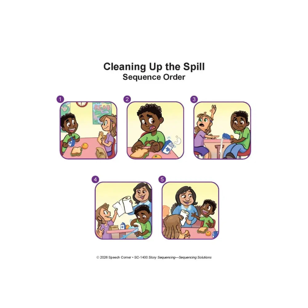 An educational sequence card titled 'Cleaning Up the Spill Sequence Order' showing five illustrated panels with children cleaning up a spilled drink and toy in a classroom setting, numbered 1 through 5.