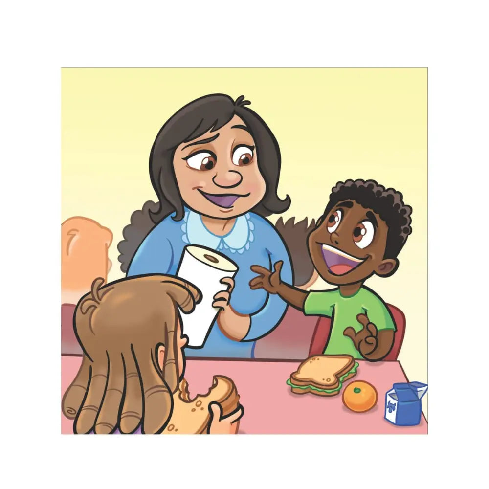 A cartoon illustration of a woman and a young boy sitting at a table with food, including a sandwich, an orange, a milk carton, and a roll of paper towels.